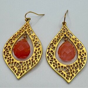 Gold Filigree Teardrop Earrings with Coral Gem Drops